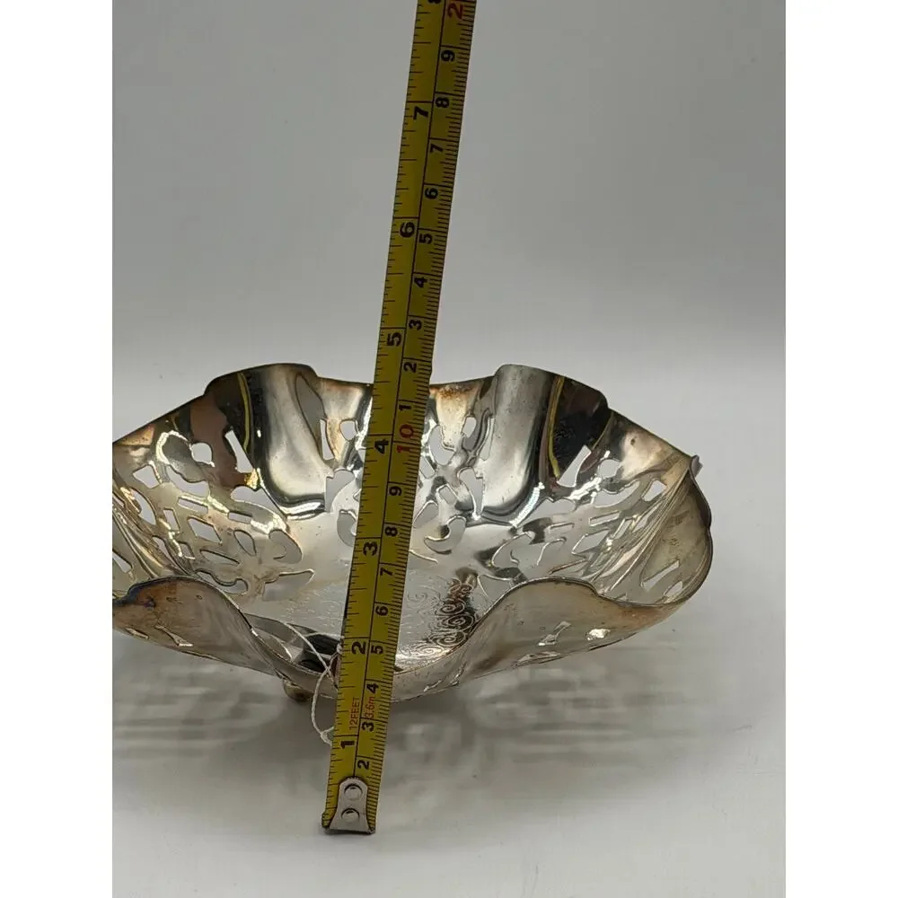 Vintage Leomans Silver-Plated Pierced Bride's BasketBonbon Dish w/Folding Handle